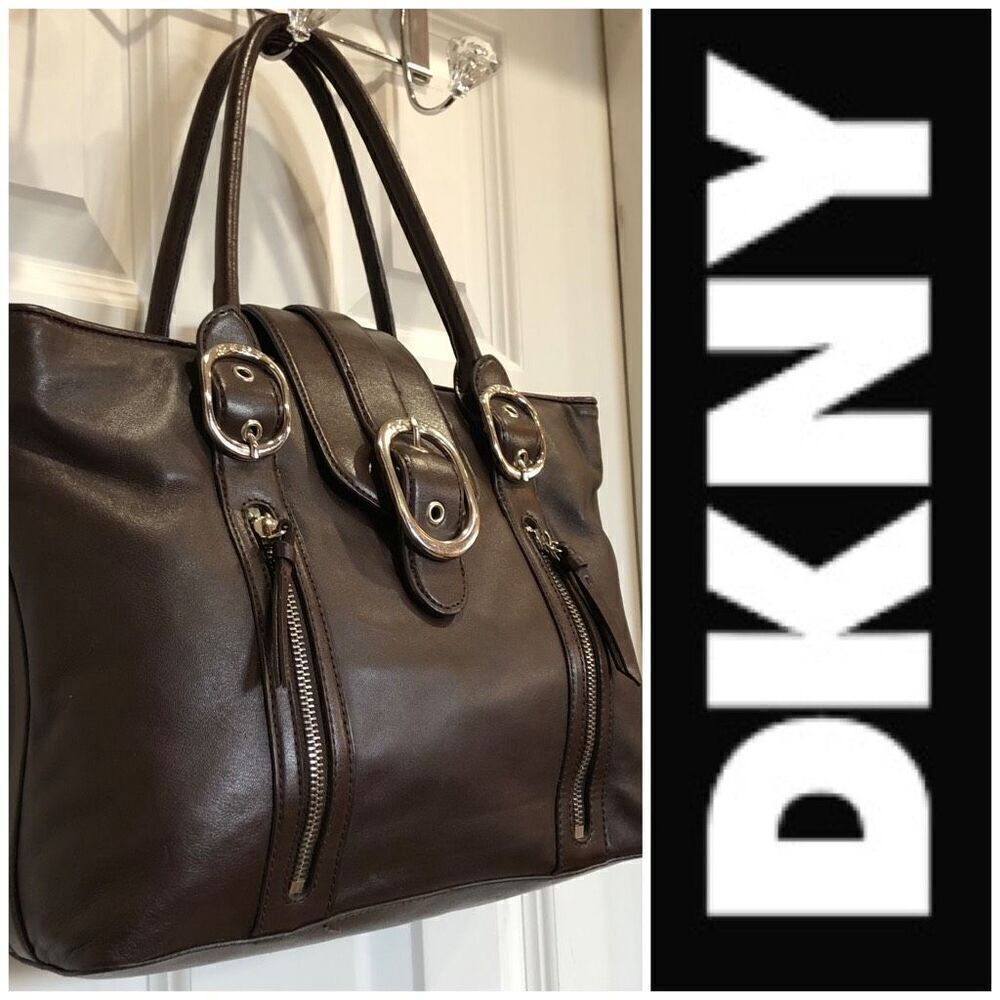 DKNY - Chocolate Brown Smooth Leather Buckle Satchel. Great Preowned Condition